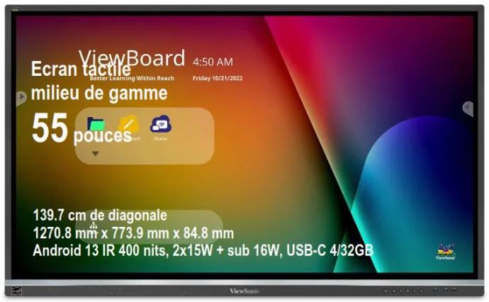 ViewBoard 50serie écran tactile 55" occasion, PAS SERVI  UHD, Android 11.0, IR 400 nits, 2x15W + sub 16W, USB-C 4/32GB REF IFP5550-5  REF PG0 (copie)