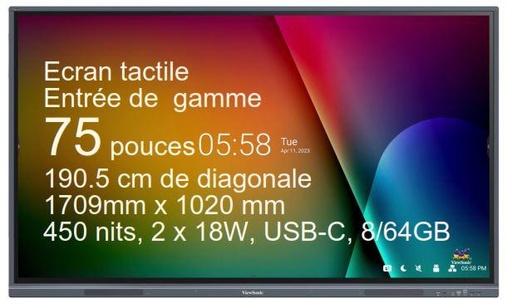 [IFP7533-G] ViewBoard 33serie écran tactile 75'' UHD, Android 11, IR 450 nits, 2 x 18W, USB-C, 8/64GB REF IFP7533-G  REF PG0.0B21