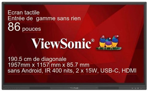 [IFP86G1] ViewBoard G series écran tactile 86" UHD, sans Android, IR 400 nits, 2 x 15W, USB-C, HDMI REF IFP86G1  REF PG0.0B21