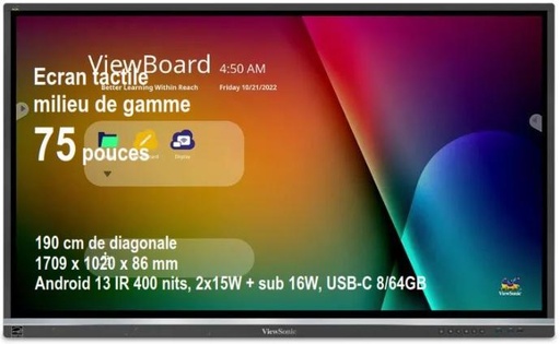 [IFP7550-5F] ViewBoard 50serie écran tactile 75" UHD, Android 11.0, IR 400 nits, 2x15W + sub 16W, USB-C 8/64GB REF IFP7550-5F  REF PG